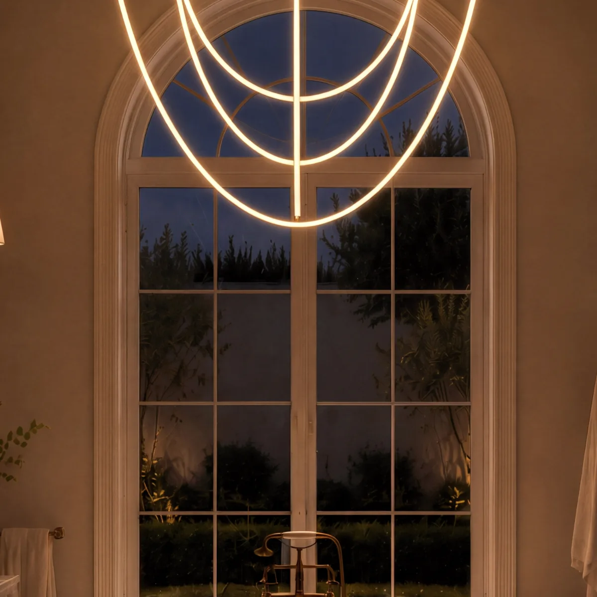 Aria catenary composition in satin nickel, with illuminated cords suspended above a freestanding bathtub