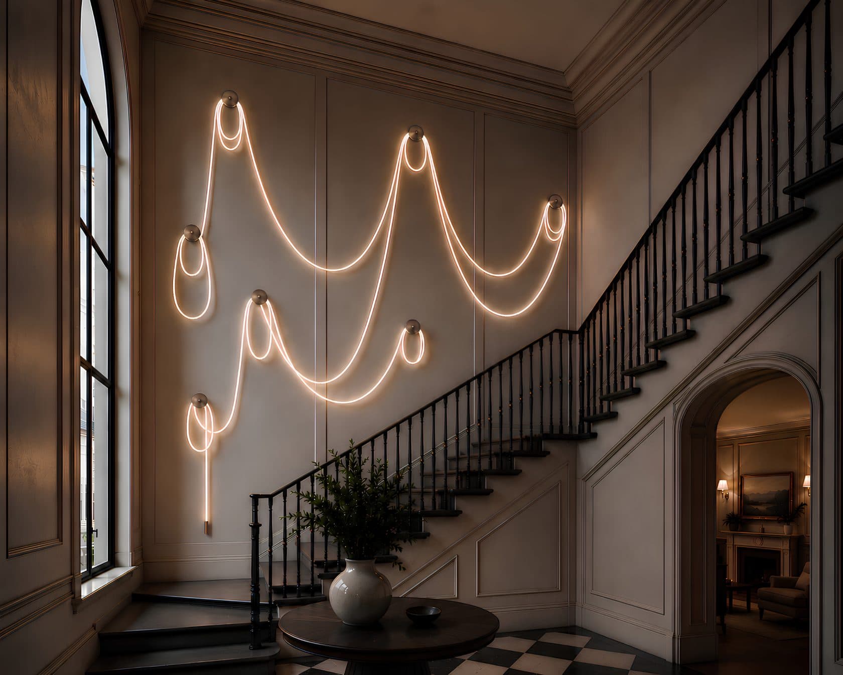 Selene Traverse wall installation in aged brass, with illuminated cord draped between multiple wall-mounted canopies along a stair hall