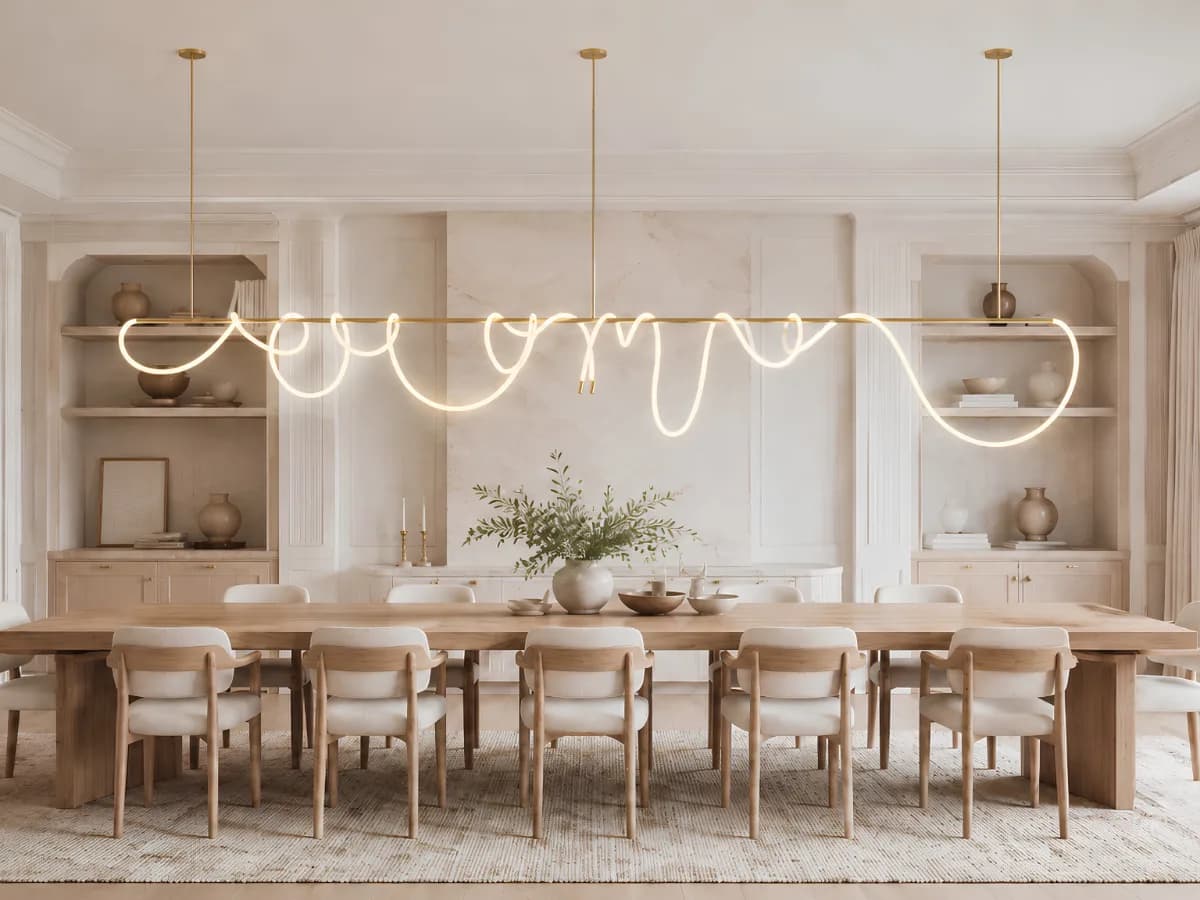 Atlas linear suspension in satin brass above a long dining table