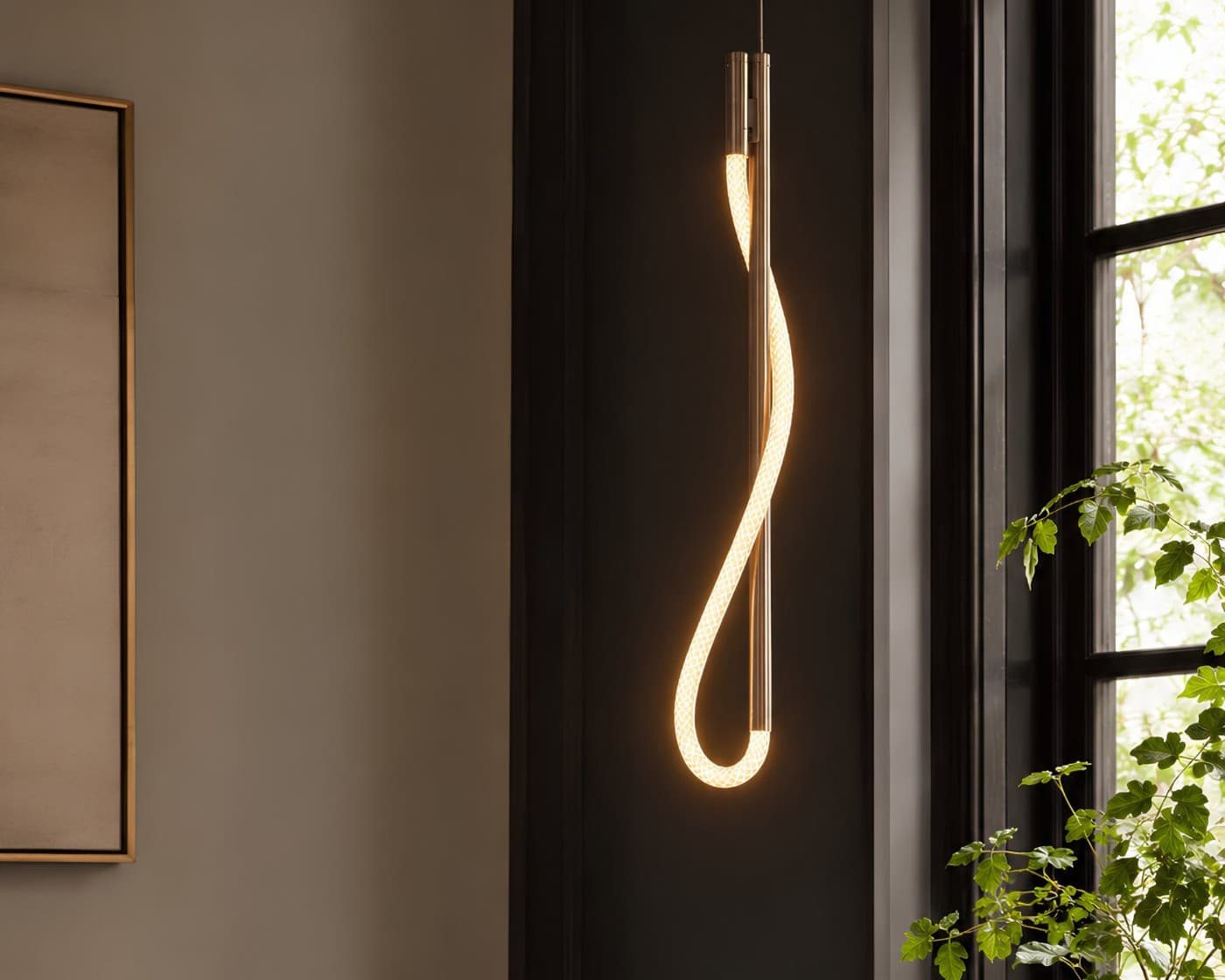 Eden Pendant in aged brass — illuminated cord wrapping and falling around a slender vertical frame