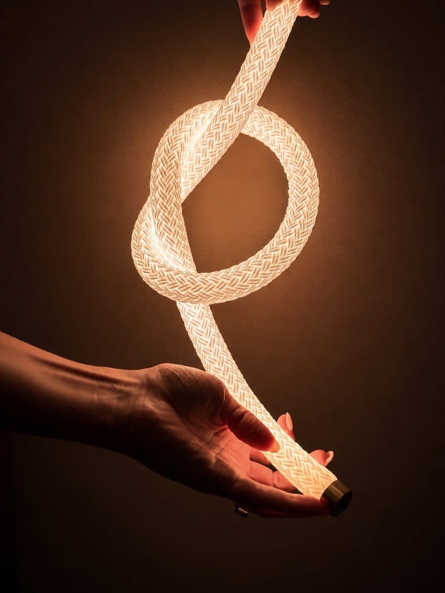 Hands holding a length of illuminated braided cord in the Freeform studio, the cord glowing softly along its length