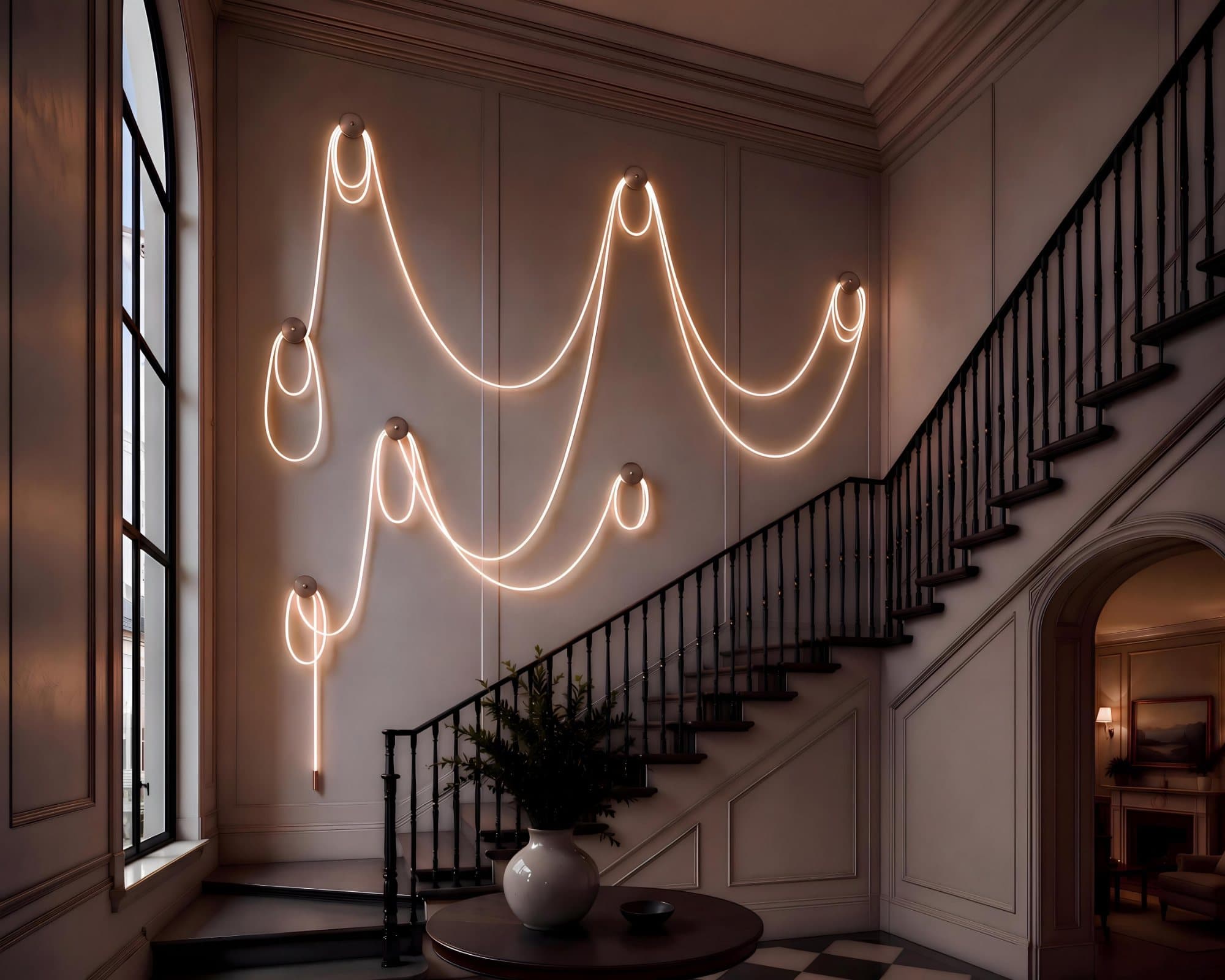 Selene Traverse in aged brass across a stair-hall wall, with illuminated braided cord arranged between seven wall canopies.