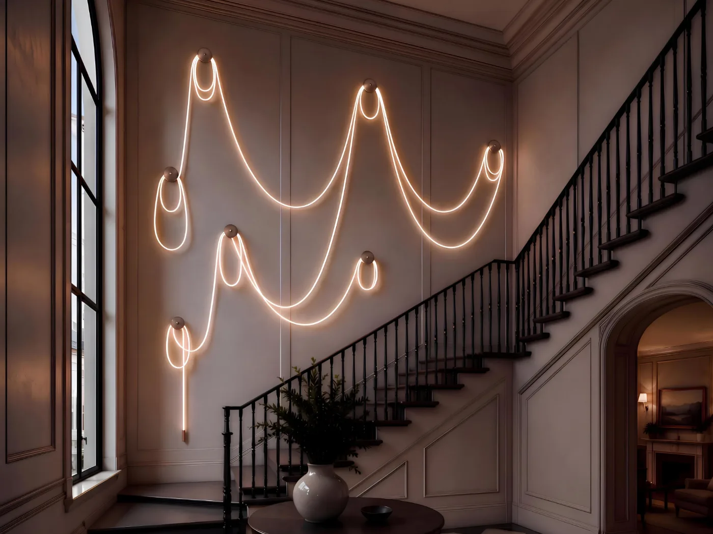 Selene Traverse in aged brass across a stair-hall wall — one illuminated cord looping between seven wall canopies